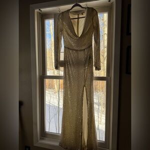 White Sequin Gold Threading Long Sleeve Gown